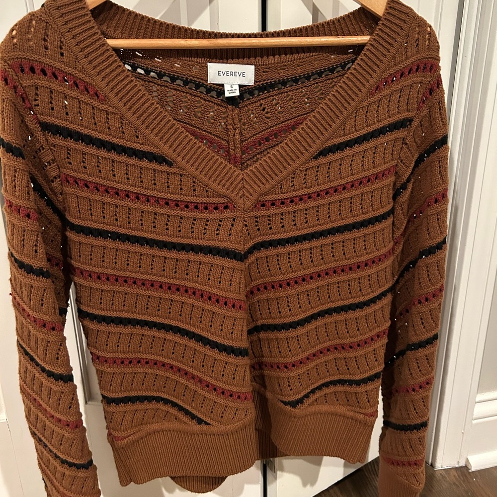 Evereve Brown V-Neck Openwork Sweater with Black and Red Stripes